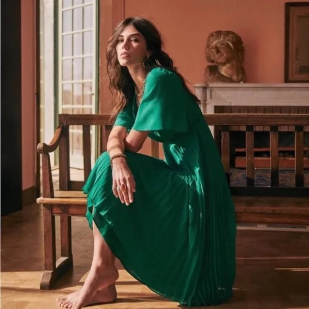 Sezane Pleated Florencia Dress Kelly Green